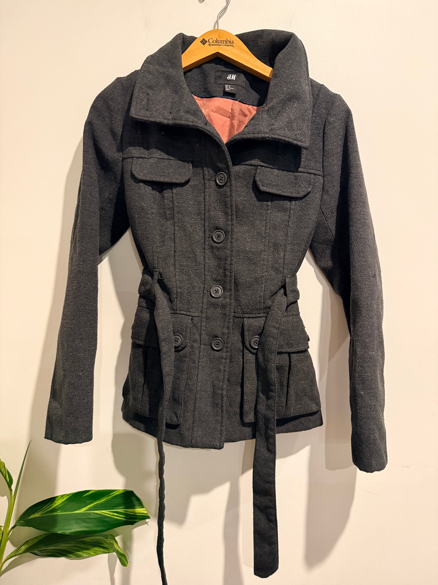 H&M Belted Wool Blend Coat Charcoal Grey - 12