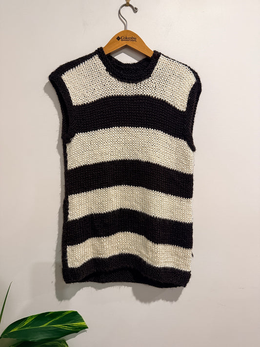 Hand Knitted Chunky Knit Sleeveless Vest Brown Cream Striped - 44cm U/Arm