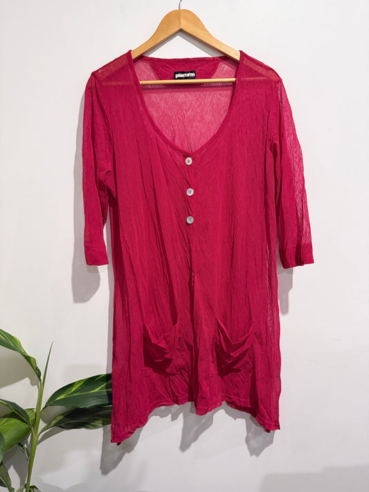 Platform Sheer Button Front Tunic Top Red - M