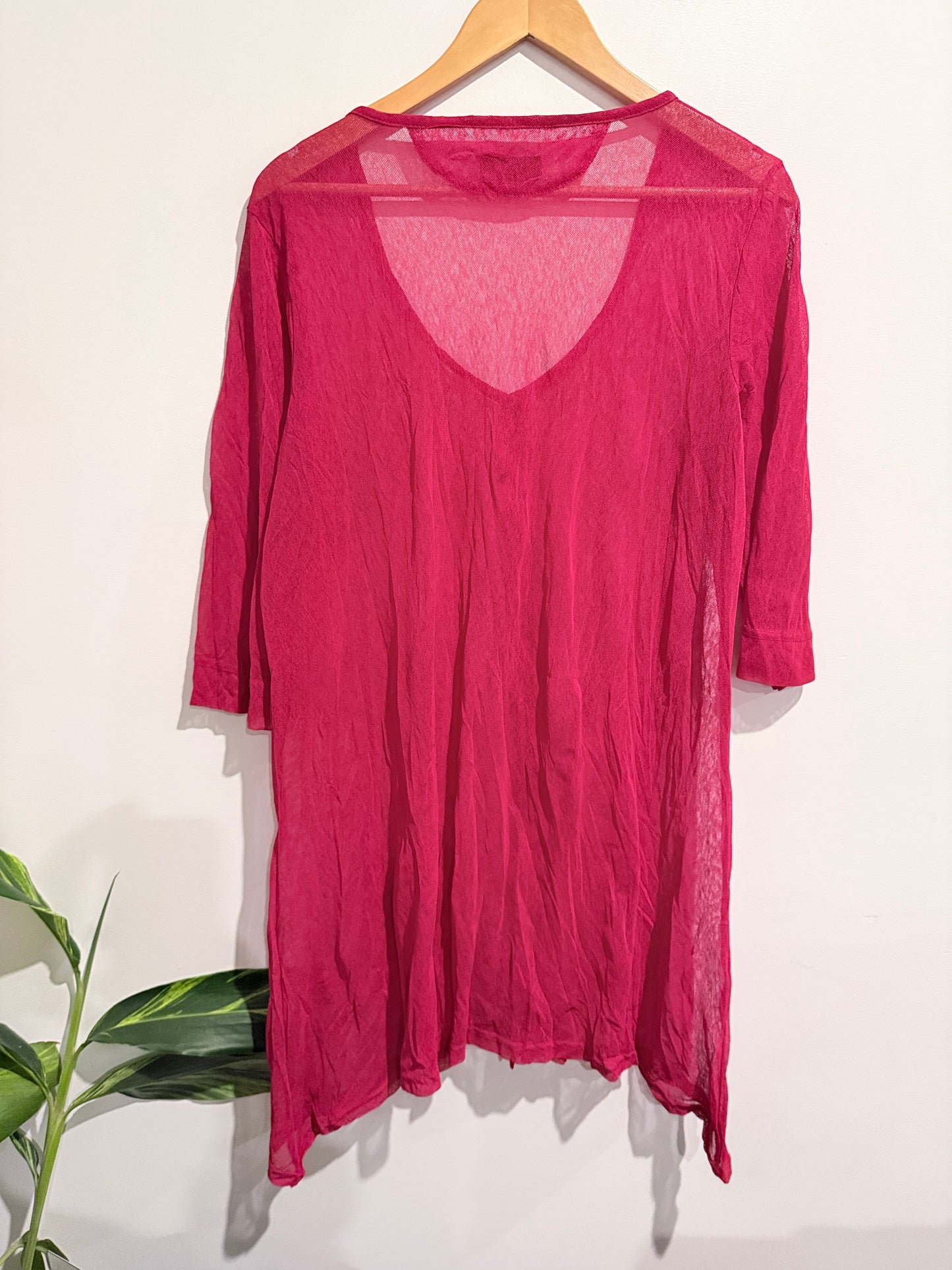 Platform Sheer Button Front Tunic Top Red - M
