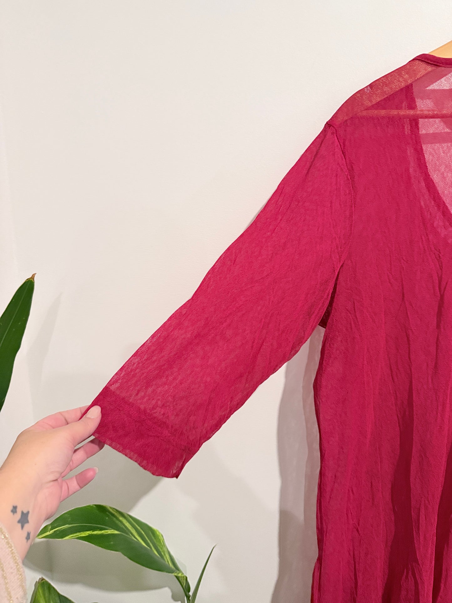 Platform Sheer Button Front Tunic Top Red - M