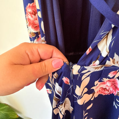 Mirrou Navy Floral Halter Neck Dress - Size M