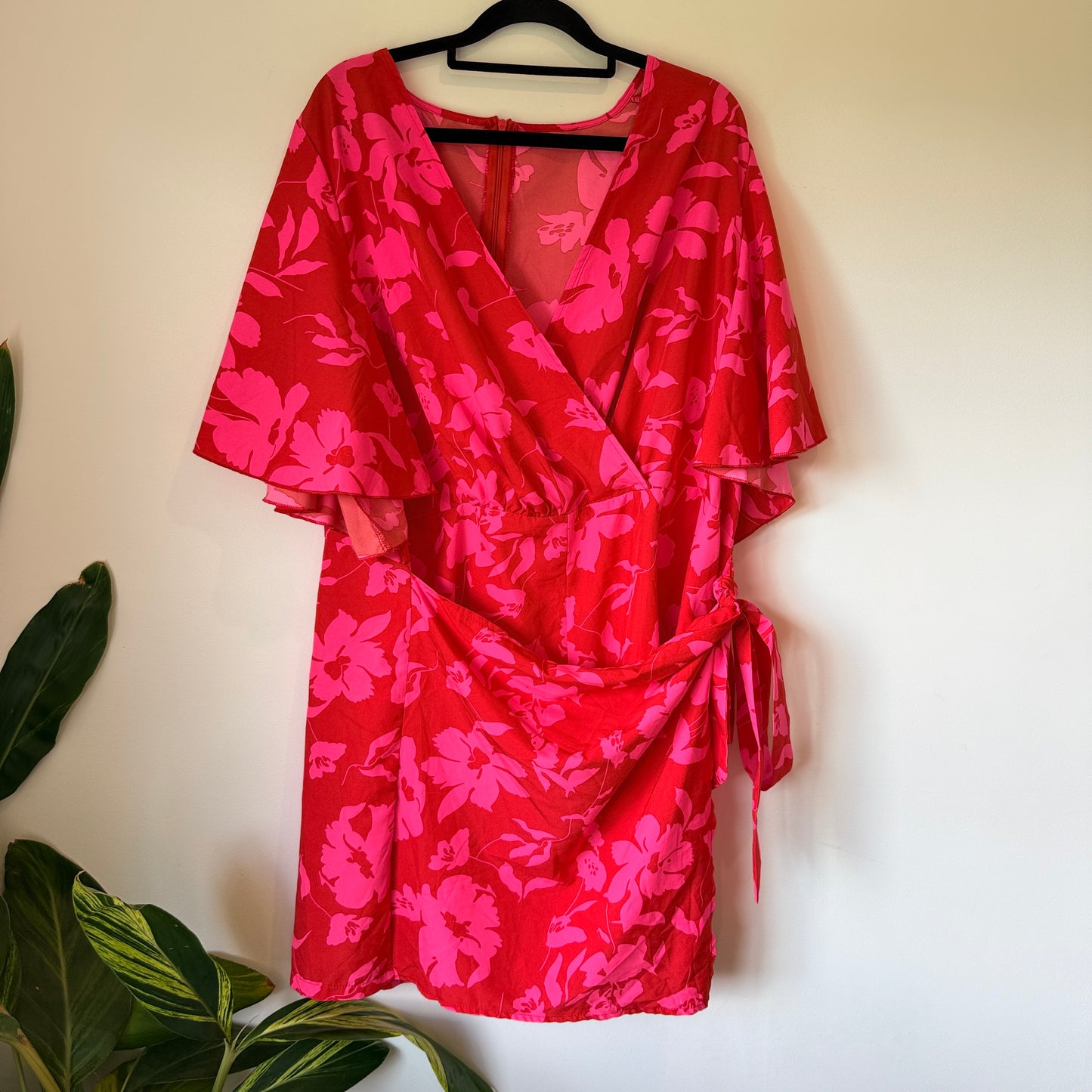 Floral Faux Wrap Dress Red & Pink