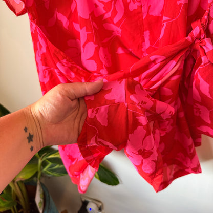 Floral Faux Wrap Dress Red & Pink