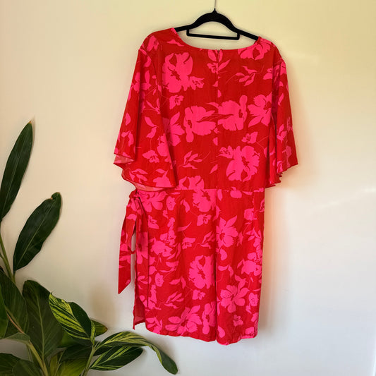 Floral Faux Wrap Dress Red & Pink