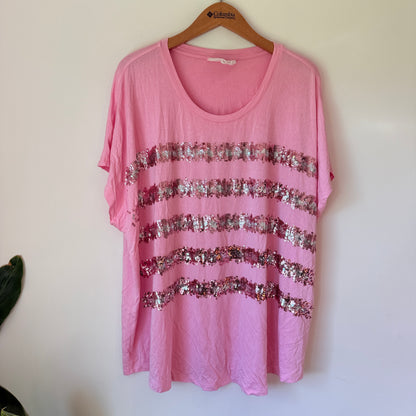 Studio Curve Sequin Stripe T-Shirt Pink - Size 3XL