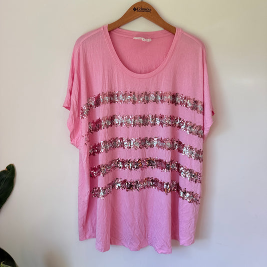 Studio Curve Sequin Stripe T-Shirt Pink - Size 3XL