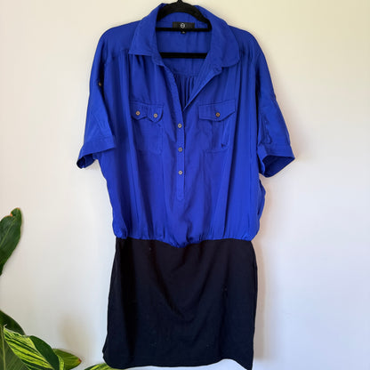 European Collection Blue and Black Button Up Shirt Dress - Size 40