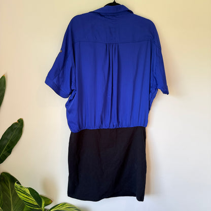 European Collection Blue and Black Button Up Shirt Dress - Size 40