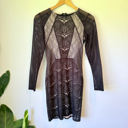 Topshop Size 6 Black Lace & Mesh Bodycon Mini Dress