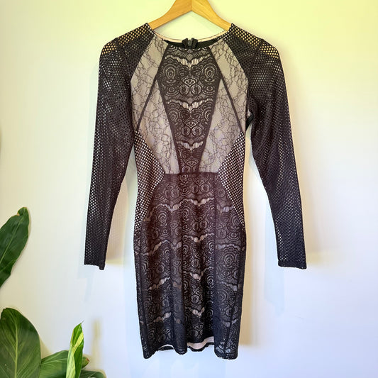 Topshop Size 6 Black Lace & Mesh Bodycon Mini Dress