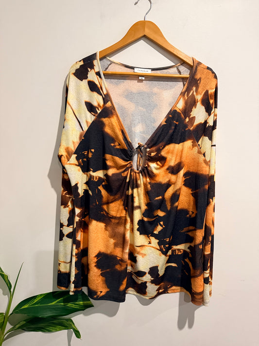 Topshop Keyhole Top Abstract Brown Black - 3XL
