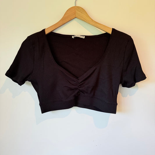 Zara Size L Black V-Neck Ribbed Ruched Crop Top