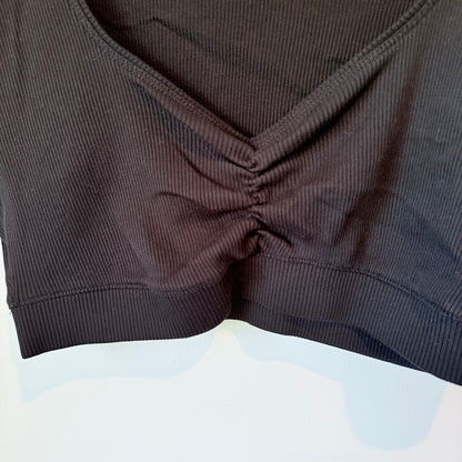 Zara Size L Black V-Neck Ribbed Ruched Crop Top