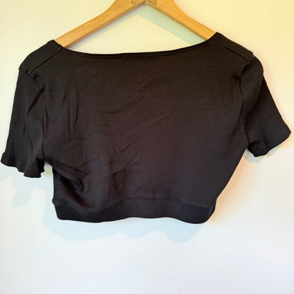 Zara Size L Black V-Neck Ribbed Ruched Crop Top