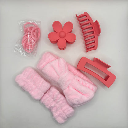 Pink Skincare Headband Wristband and Hair Clip Set