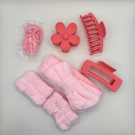 Pink Skincare Headband Wristband and Hair Clip Set
