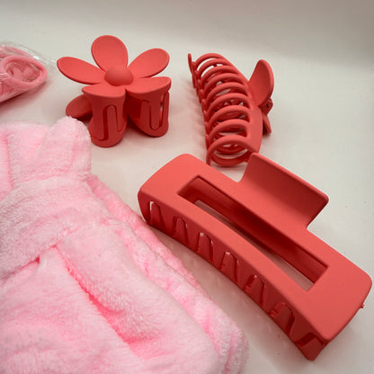 Pink Skincare Headband Wristband and Hair Clip Set