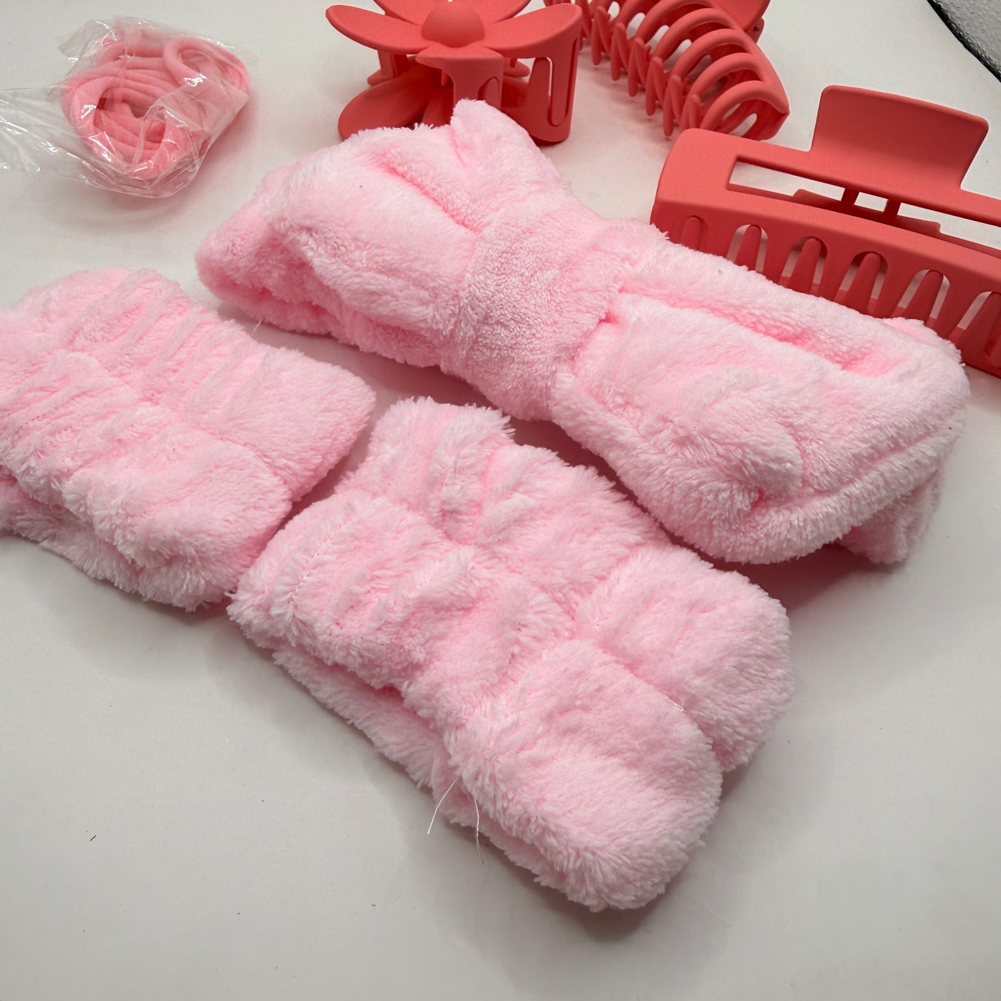 Pink Skincare Headband Wristband and Hair Clip Set