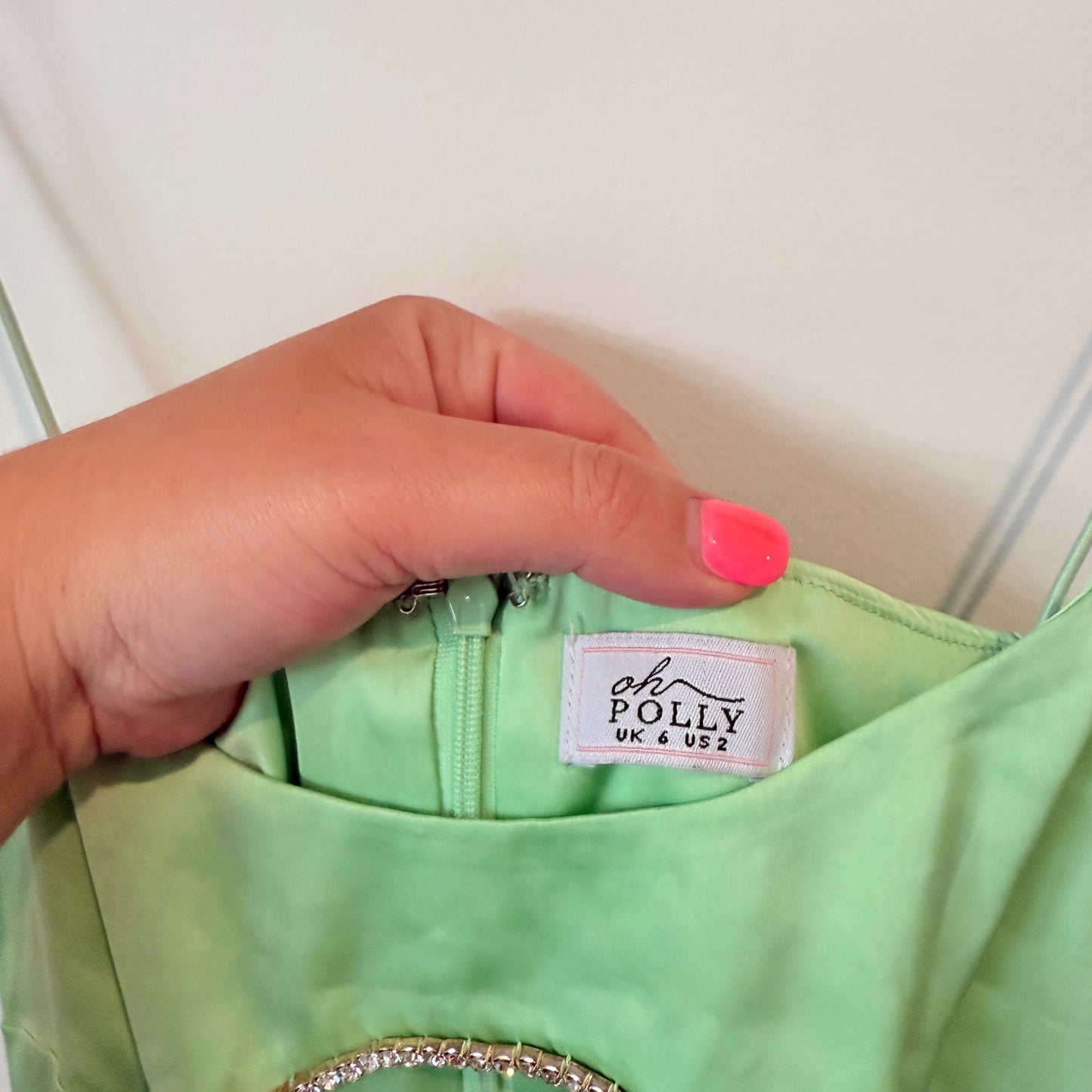OH POLLY Dress - Neon Green Rhinestone Cutout - Size 6