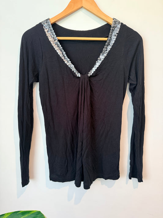 Brand Unknown U/Arm to U/Arm 39cm Long-Sleeve Sequin Trim Top
