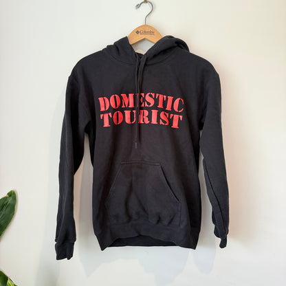 GILDAN SOFTSTYLE Hoodie Black "Domestic Tourist" Graphic - Size S