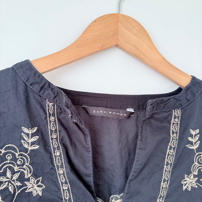 Zara Woman U/Arm to U/Arm 45cm Black Embroidered Tunic Top