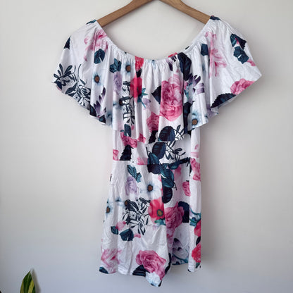 Floral Off-Shoulder Ruffle Romper White/Pink - 35cm U/Arm