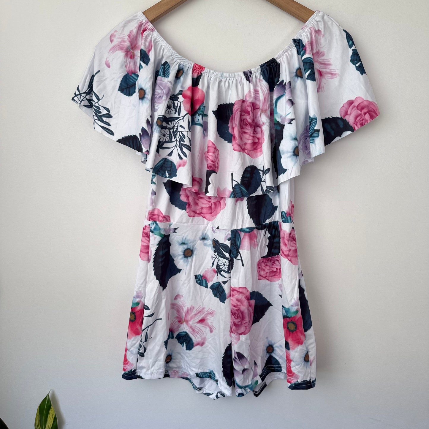 Floral Off-Shoulder Ruffle Romper White/Pink - 35cm U/Arm