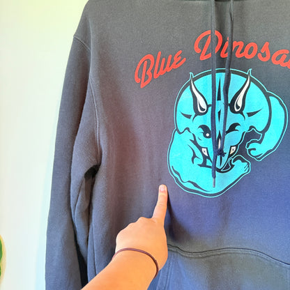 Blue Dinosaur Size L Black Hoodie with Graphic Print