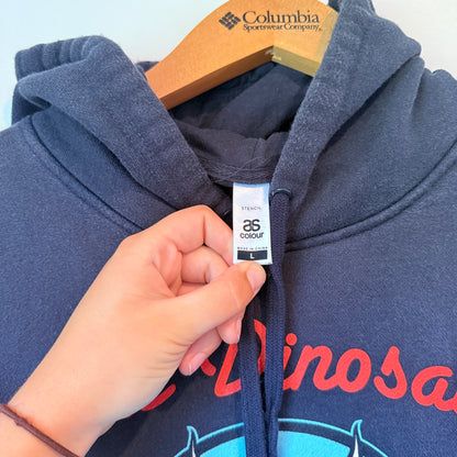 Blue Dinosaur Size L Black Hoodie with Graphic Print