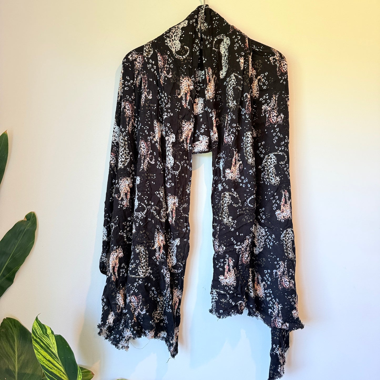 Black Leopard Print Crinkled Scarf -  One Size