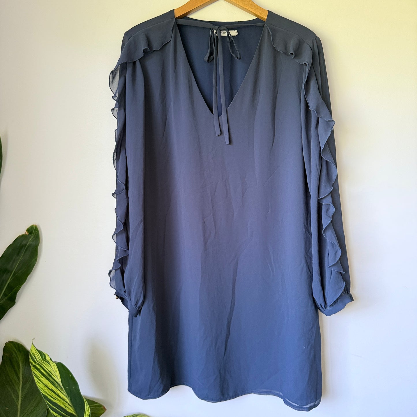 RUBY Long Sleeve Ruffle Mini Dress Navy Blue - Size 12