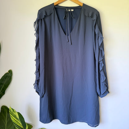 RUBY Long Sleeve Ruffle Mini Dress Navy Blue - Size 12