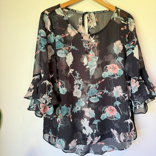 SEEKING LOLA Floral Sheer Bell Sleeve Top - Size 12