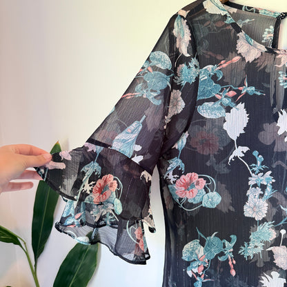 SEEKING LOLA Floral Sheer Bell Sleeve Top - Size 12