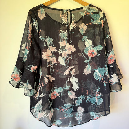 SEEKING LOLA Floral Sheer Bell Sleeve Top - Size 12