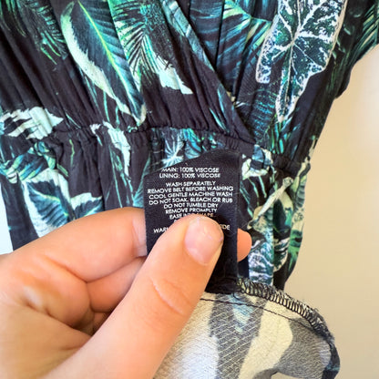 DECJUBA Tropical Leaf Print Viscose Wrap Mini Dress - Size S