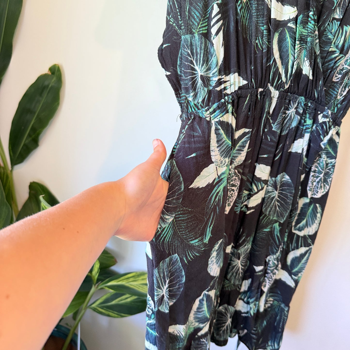DECJUBA Tropical Leaf Print Viscose Wrap Mini Dress - Size S