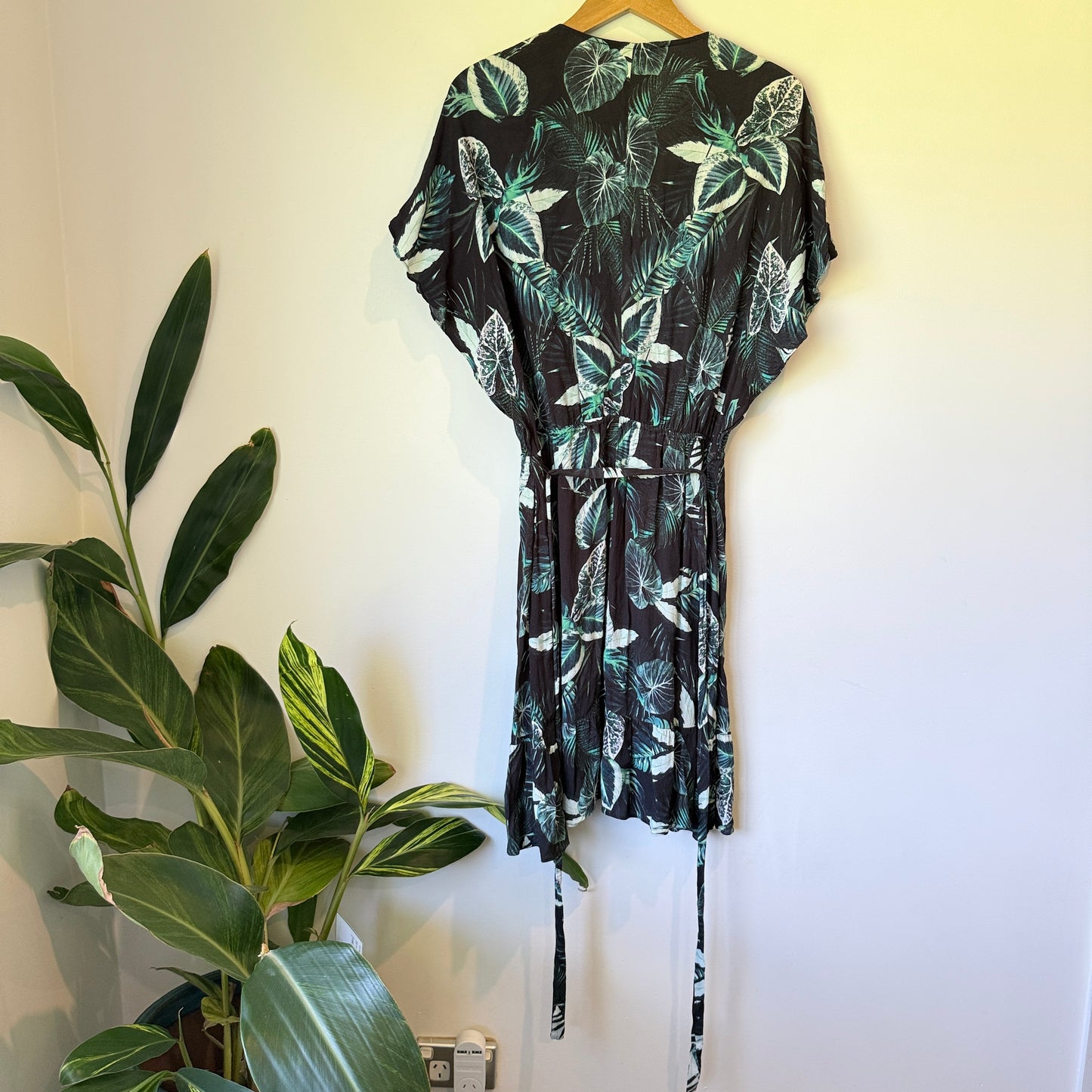 DECJUBA Tropical Leaf Print Viscose Wrap Mini Dress - Size S