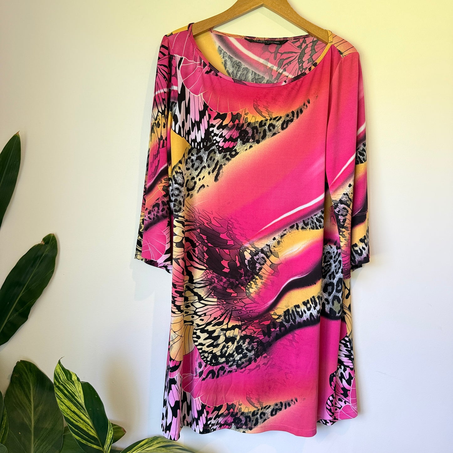 Charlie Brown 3/4 Sleeve Abstract Leopard Print Dress - Size 14