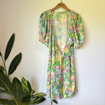 OMNES Floral Puff Sleeve Wrap Mini Dress - Size 12