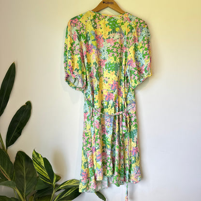 OMNES Floral Puff Sleeve Wrap Mini Dress - Size 12