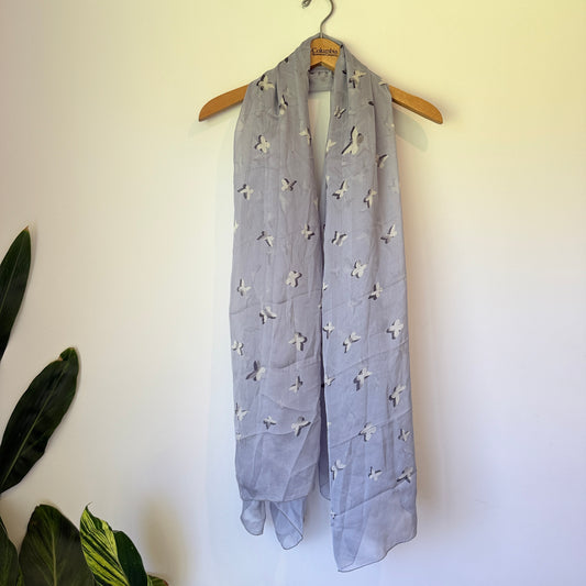 Silver Foil Bird 100% Silk Print Scarf