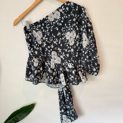 Faballey Size M Floral Print One-Shoulder Peplum Blouse