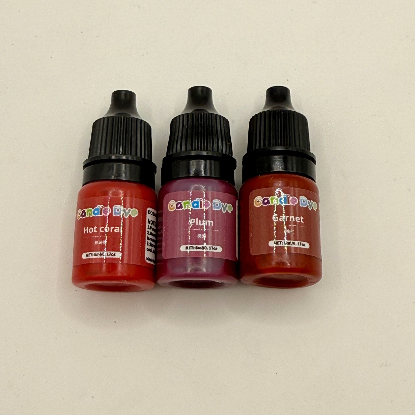Liquid Candle Dye Set - Hot Coral, Plum & Garnet (3 x 5ml)