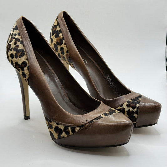 Mi Piaci Brown Leather & Leopard Print Platform Heels - Size 40