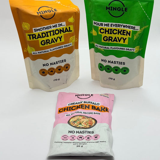 Mingle Traditional & Chicken Gravy (170g) & Creamy Buffalo Chicken Bake (35g)
