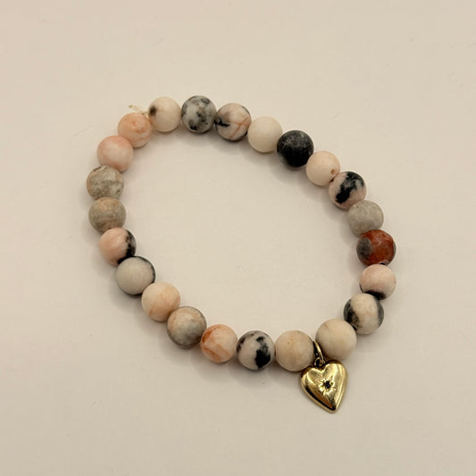 Mottled Stone Beaded Bracelet with Heart Charm