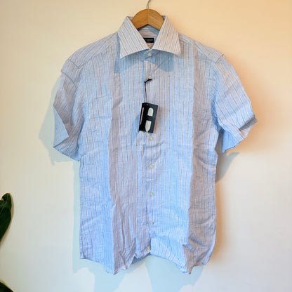 Nanni Savio Body Slim 100% Linen Shirt Light Blue Stripe - Size 40